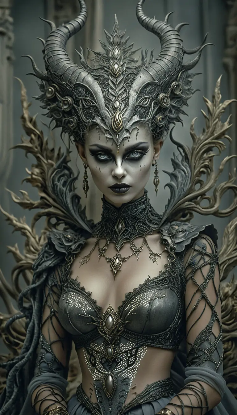 Rainha demoníaca de fantasia em trono barroco ornamentado - retrato