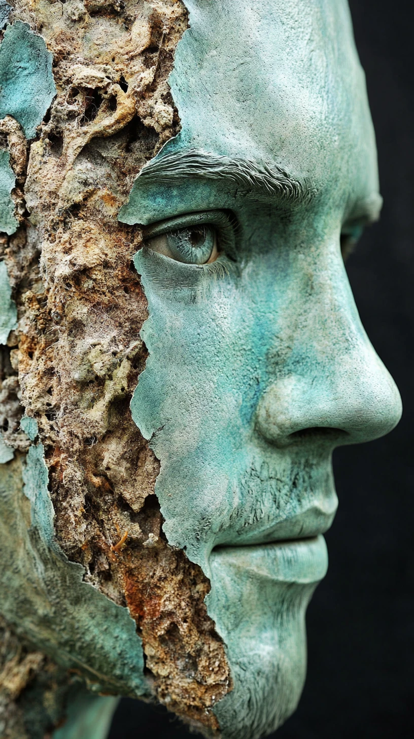 Scultura surreale di volto maschile fusa con rigogliosa crescita naturale