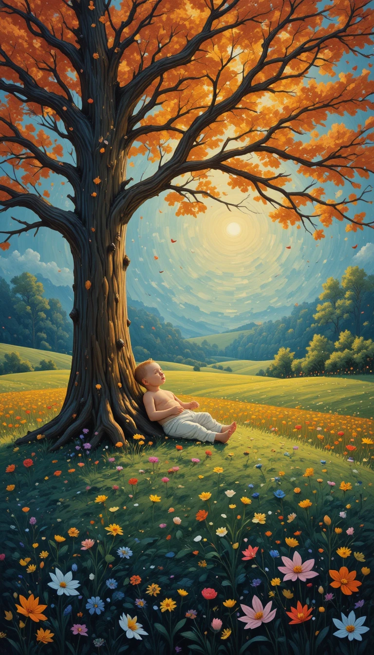 Bebê fantasioso descansando sob um grande carvalho