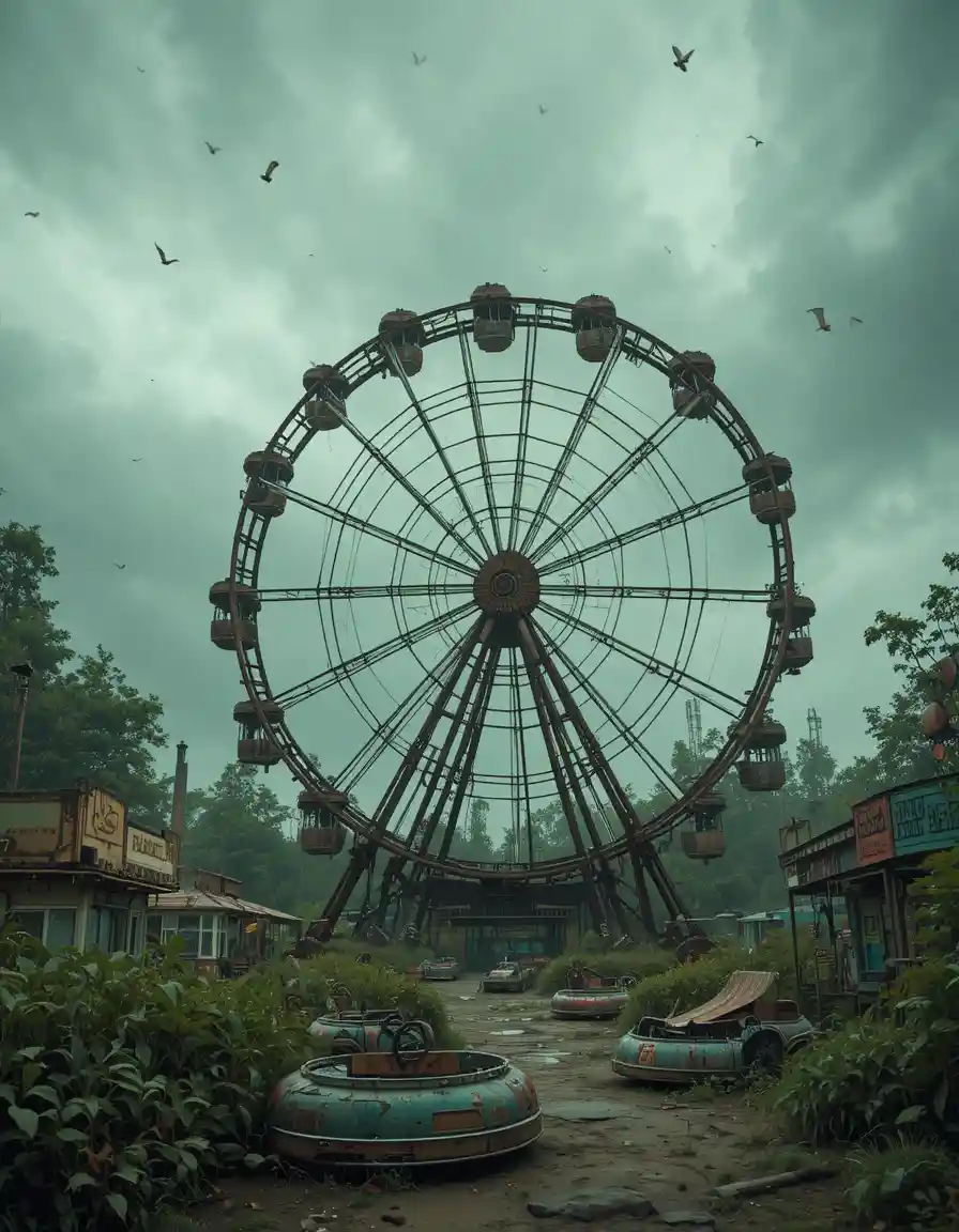Grande roue rouillée dans un parc d’attractions abandonné envahi par la végétation