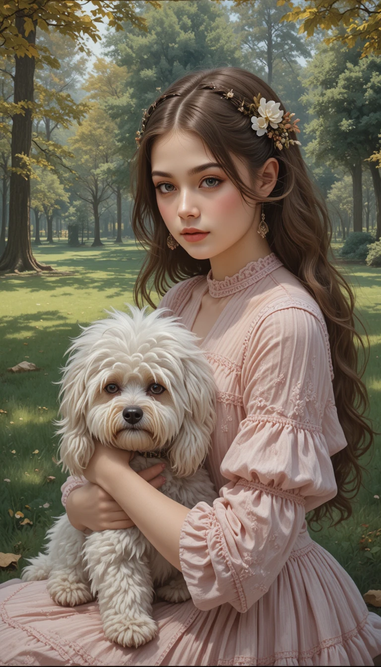 Giovane donna elegante in un parco con un cane soffice