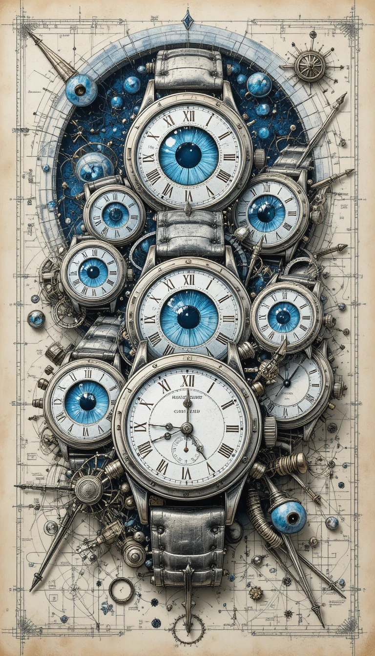 Surreal pocket watches fused with vivid human eyes
