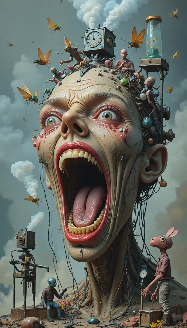 Surreal verzerrtes menschliches Gesicht, das mechanische Insekten erbricht