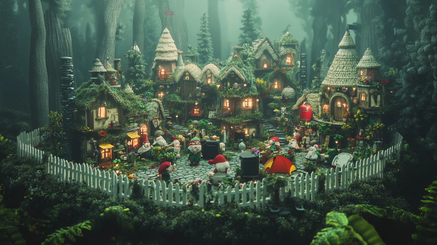 Village Fantaisiste de Gnomes Construit avec du Matériel de Camping Coloré