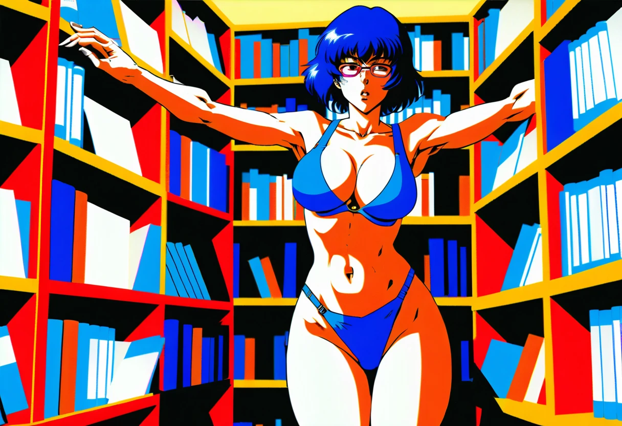 Bibliotecária em estilo anime alcançando pergaminhos em uma biblioteca mística