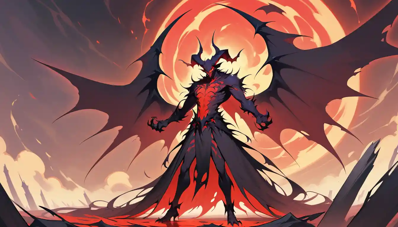 Demônio escarlate colossal com chifres, asas e capa esvoaçante