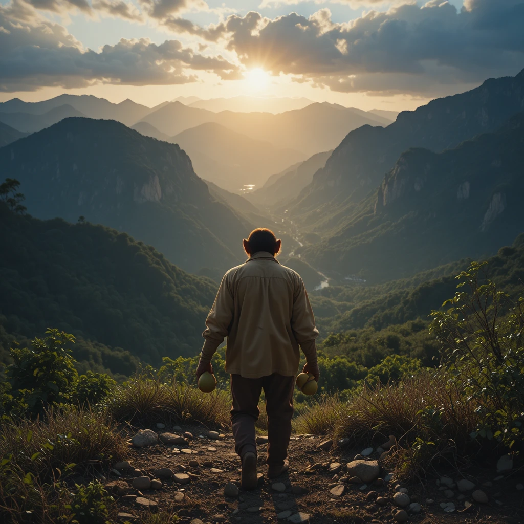 夕焼けの中、服を着たサルが遠くの山へ歩いていく