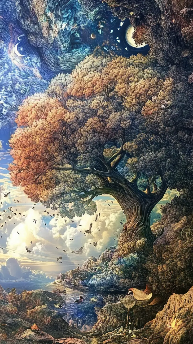 Surrealer Baum-des-Lebens mit Schichten verborgener Bildmotive