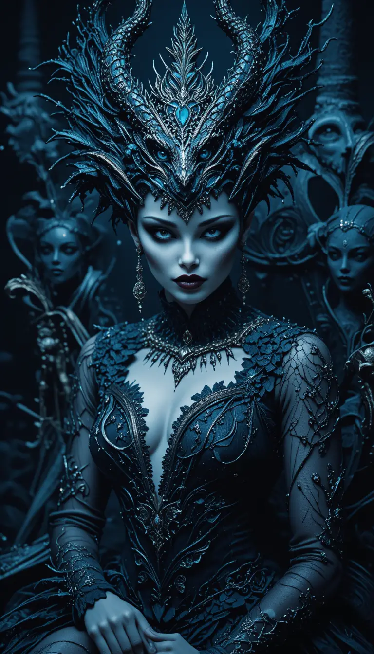 Rainha demoníaca de fantasia sentada em trono barroco ornamentado