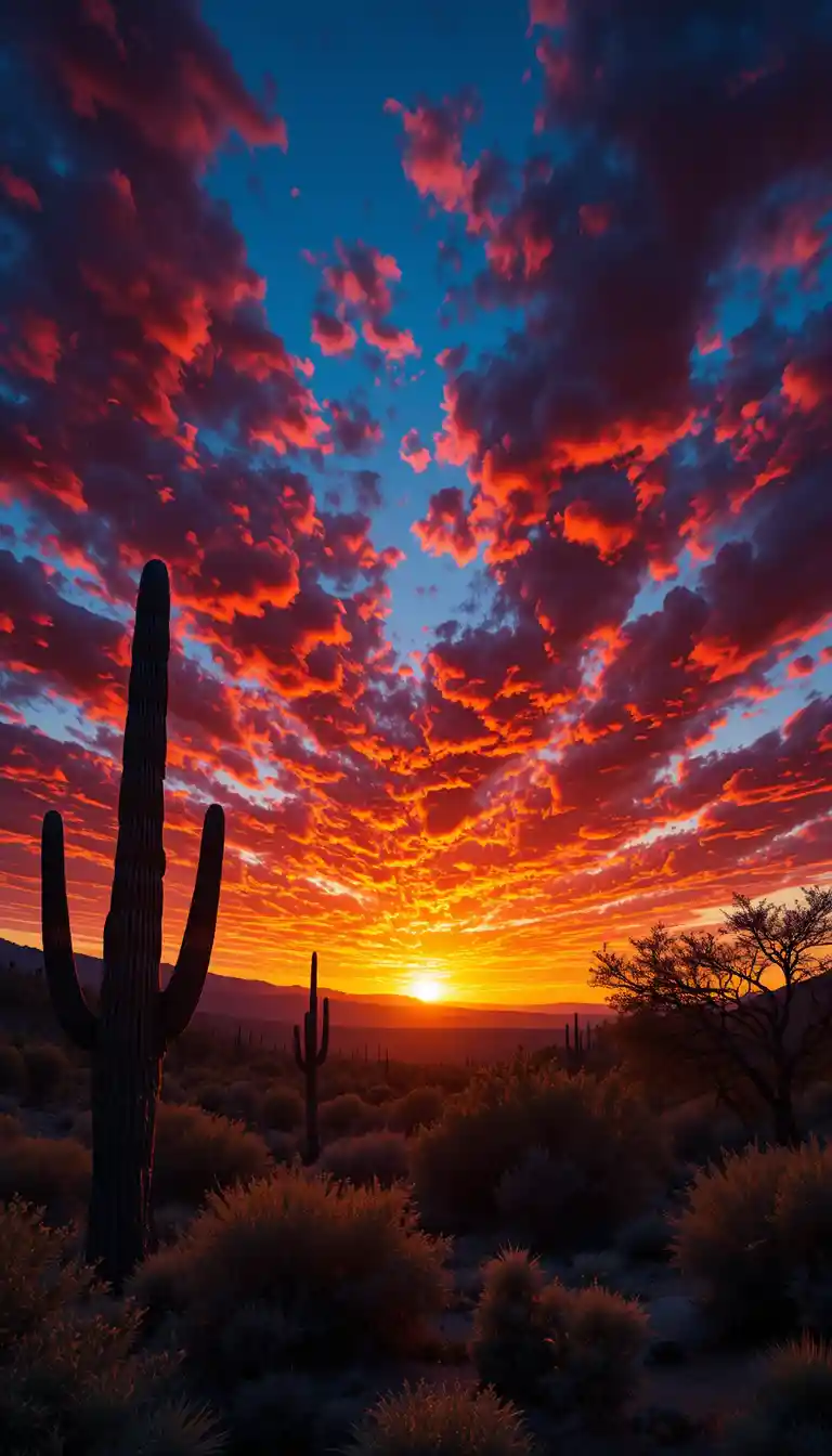 Vivid desert sunset with cactus silhouettes and fiery sky