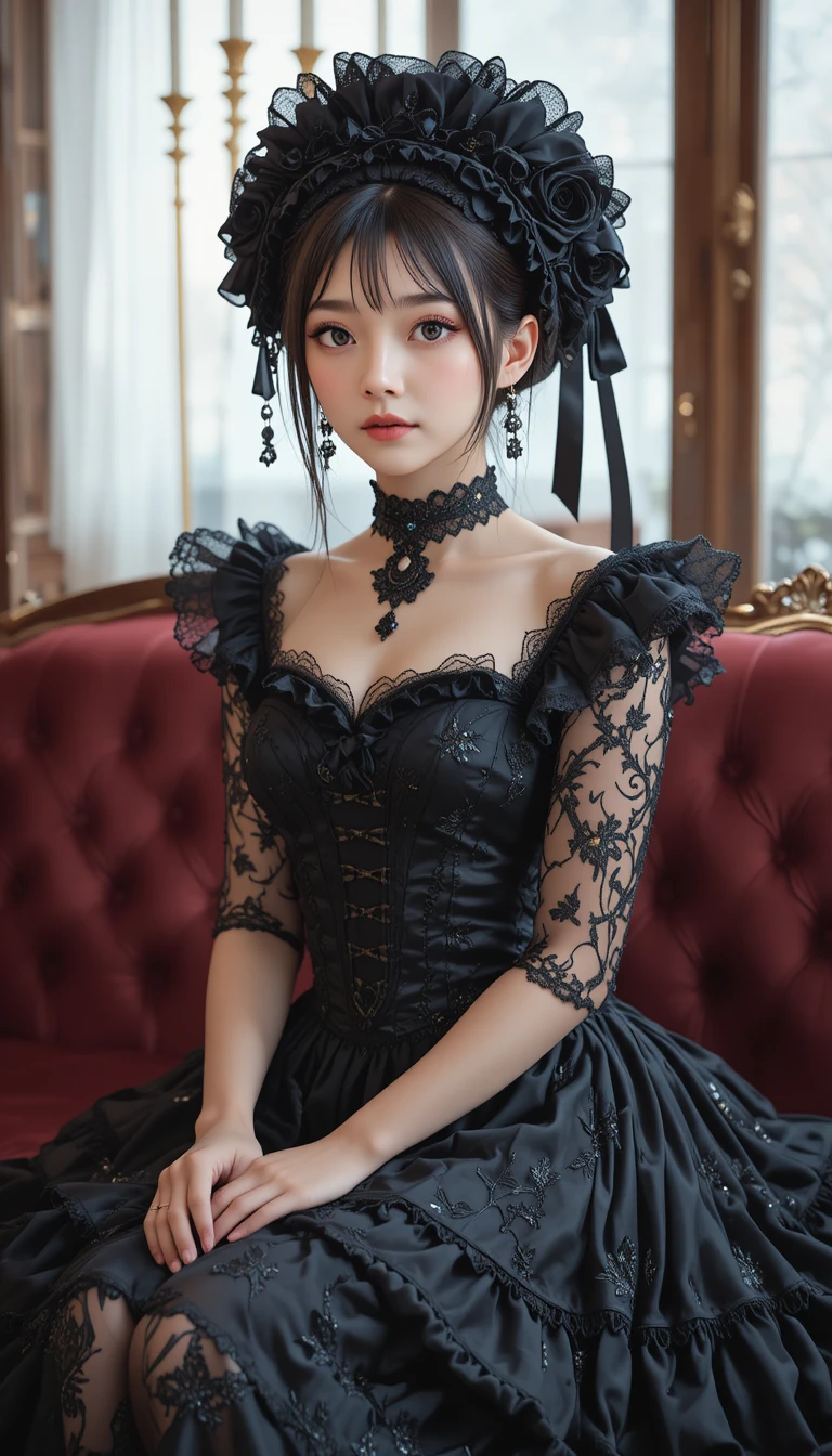 深紅沙發上的哥德蘿莉風動漫少女