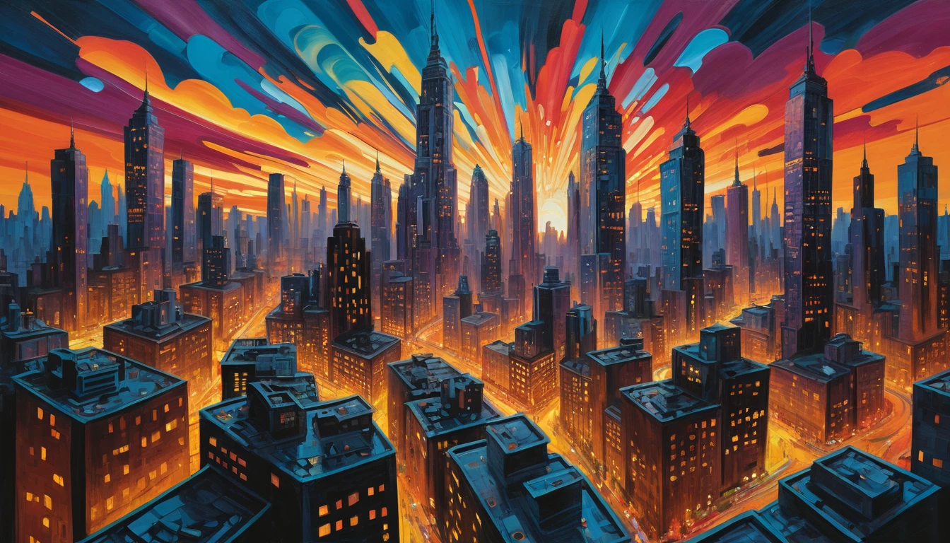 Skyline urbano surreale che si scioglie in un caotico labirinto al crepuscolo