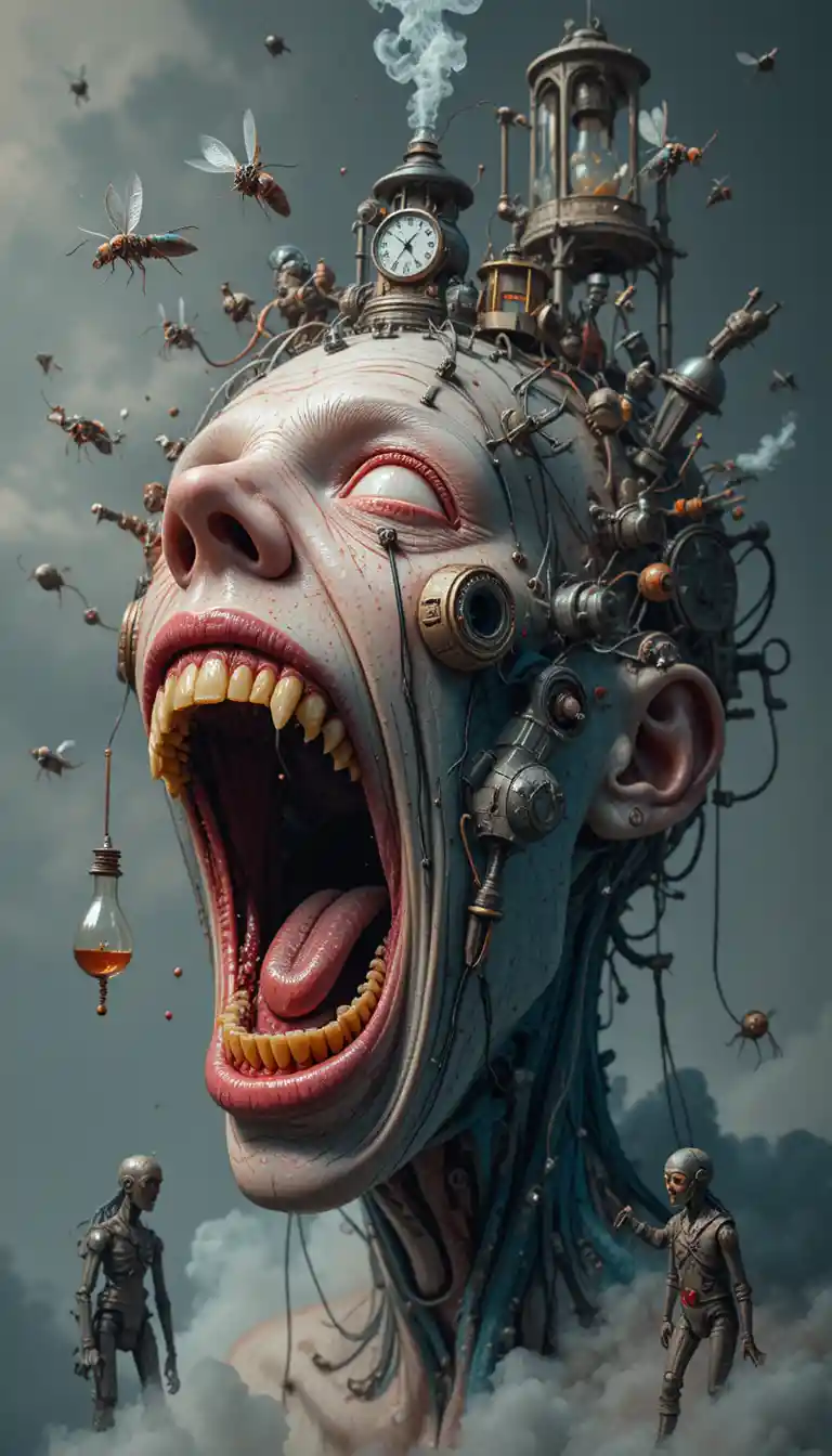 Surreal verzerrtes Gesicht mit mechanischen Insekten und Maschinen