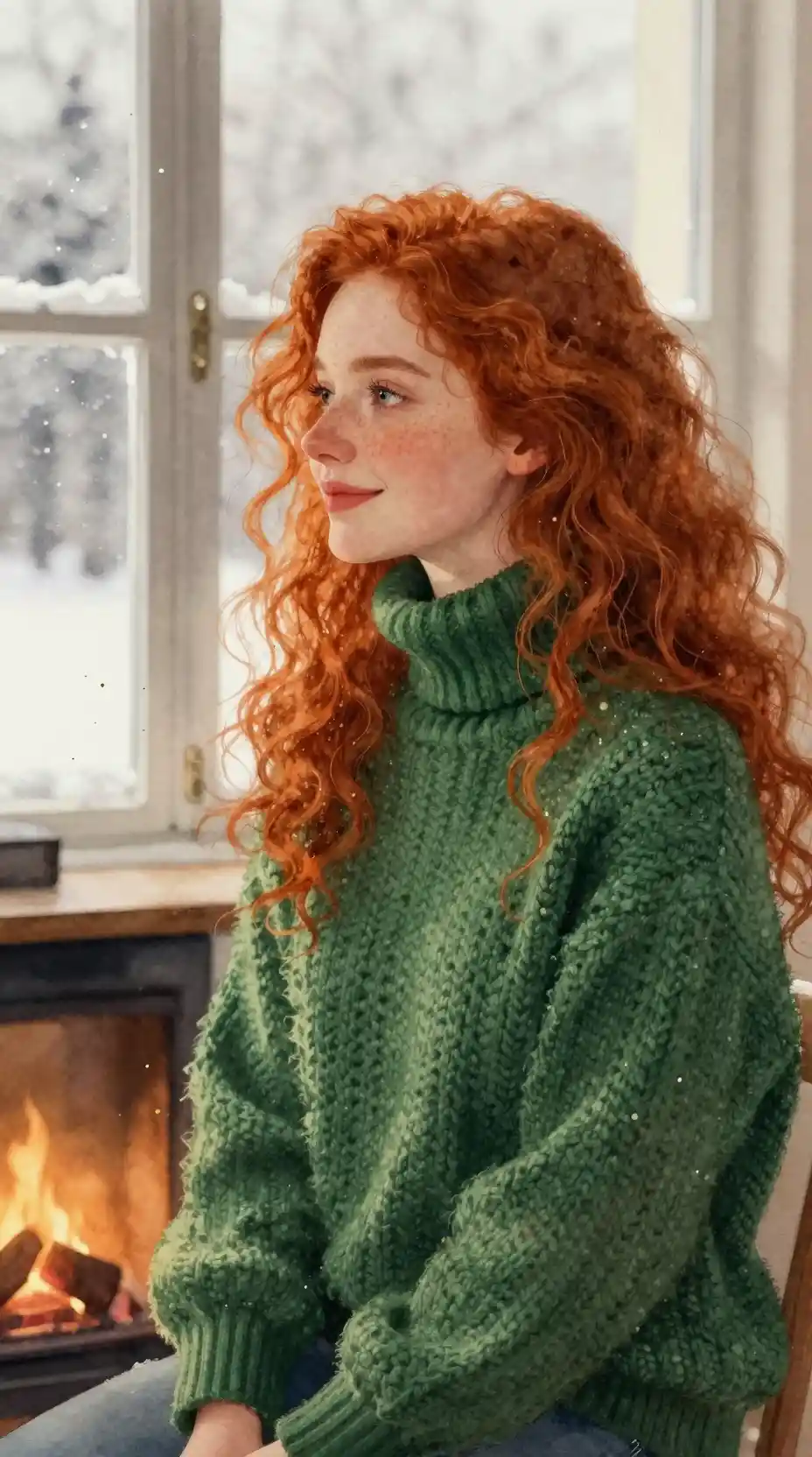 Ragazza dai capelli rossi con maglione verde alla finestra invernale