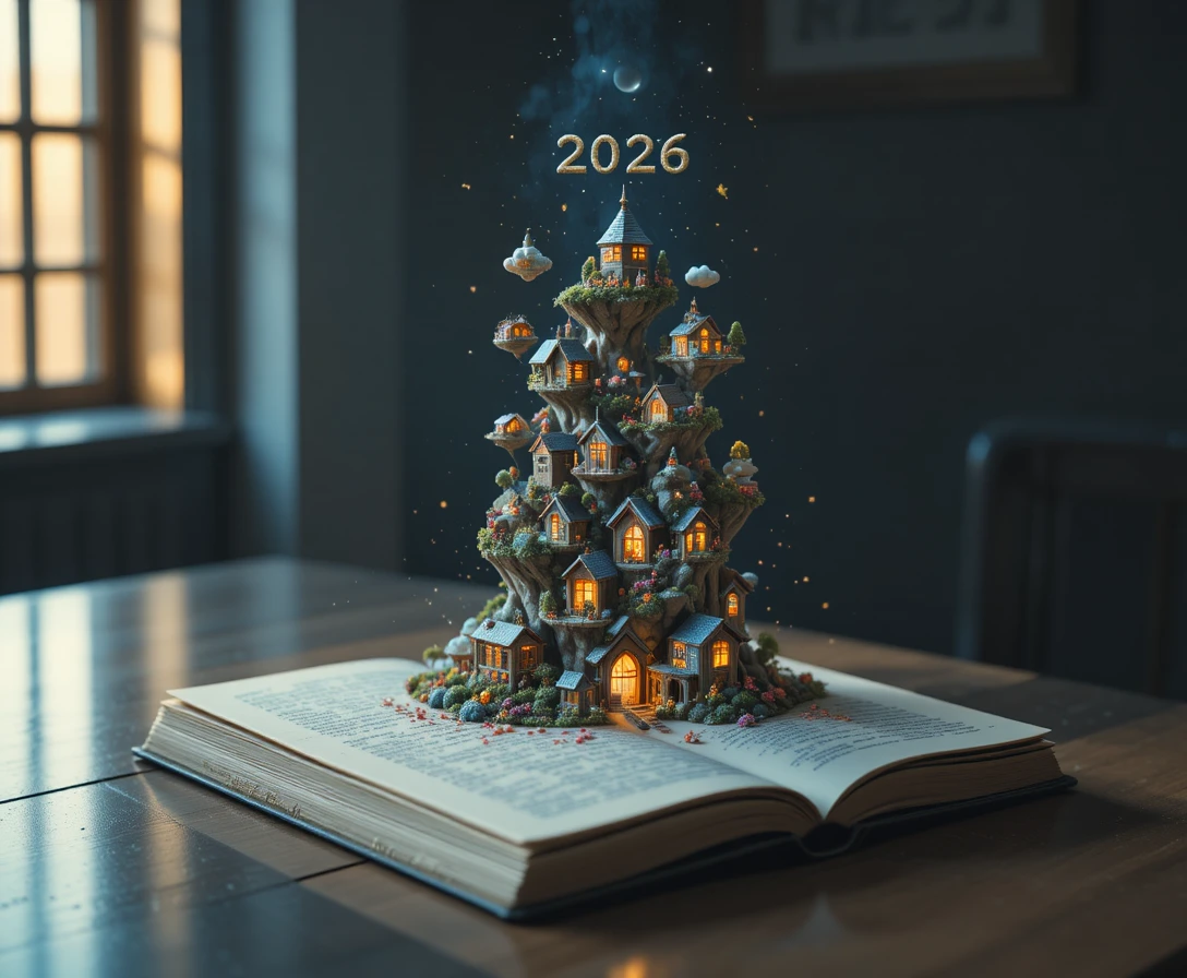 Carnet de croquis ouvert libérant un monde fantastique miniature et lumineux