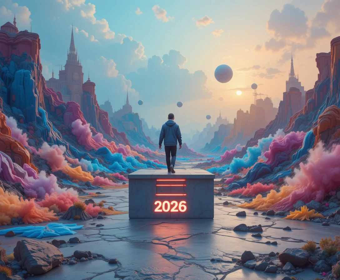 Persona che scende da una piattaforma grigia in un mondo surreale e colorato