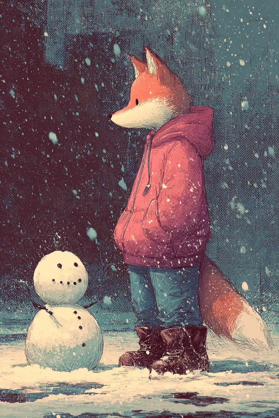 Anthropomorpher Fuchs baut einen Schneemann in winterlicher Stadt