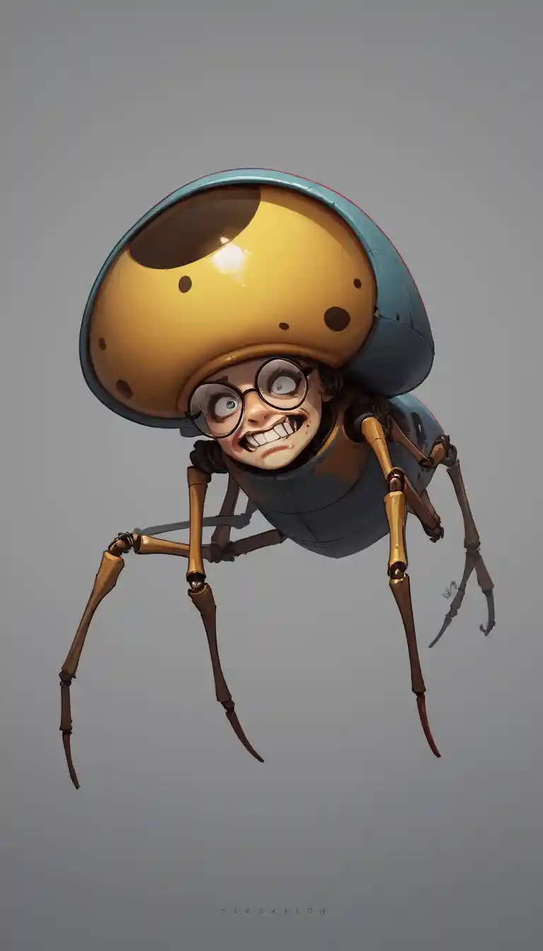 Visage surréaliste déformé avec insectes mécaniques et objets flottants