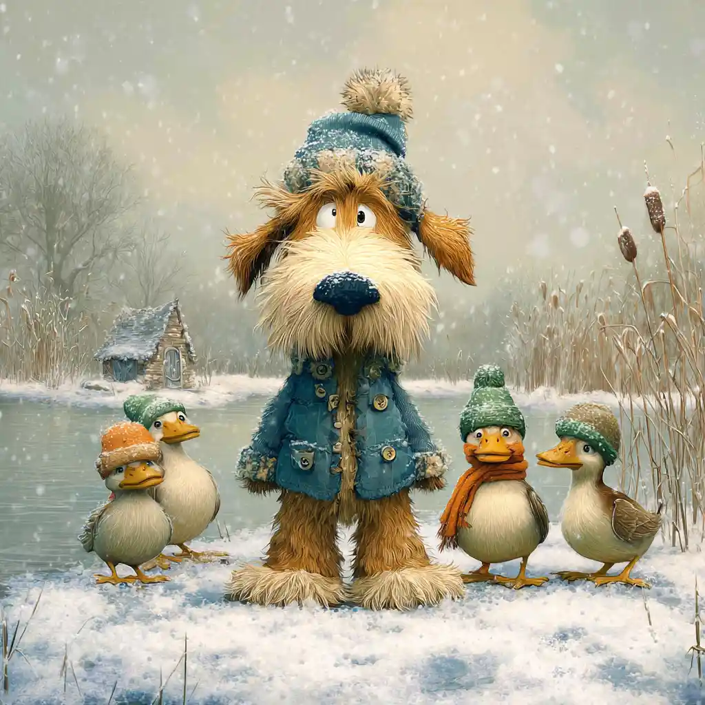 Chien cartoon avec une famille de canards dans un paysage d’hiver enneigé