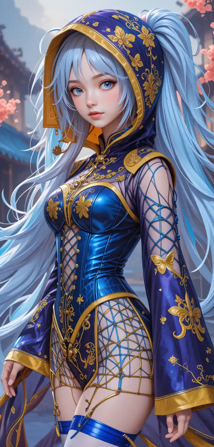 Anime girl in jiangshi hood with glowing cyan eyes