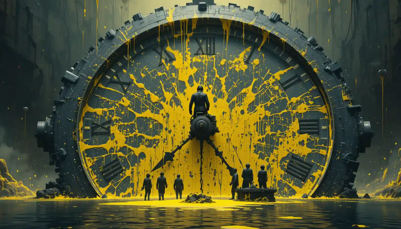 Horloge numérique surréaliste éclaboussée de gelée jaune et d’ombres