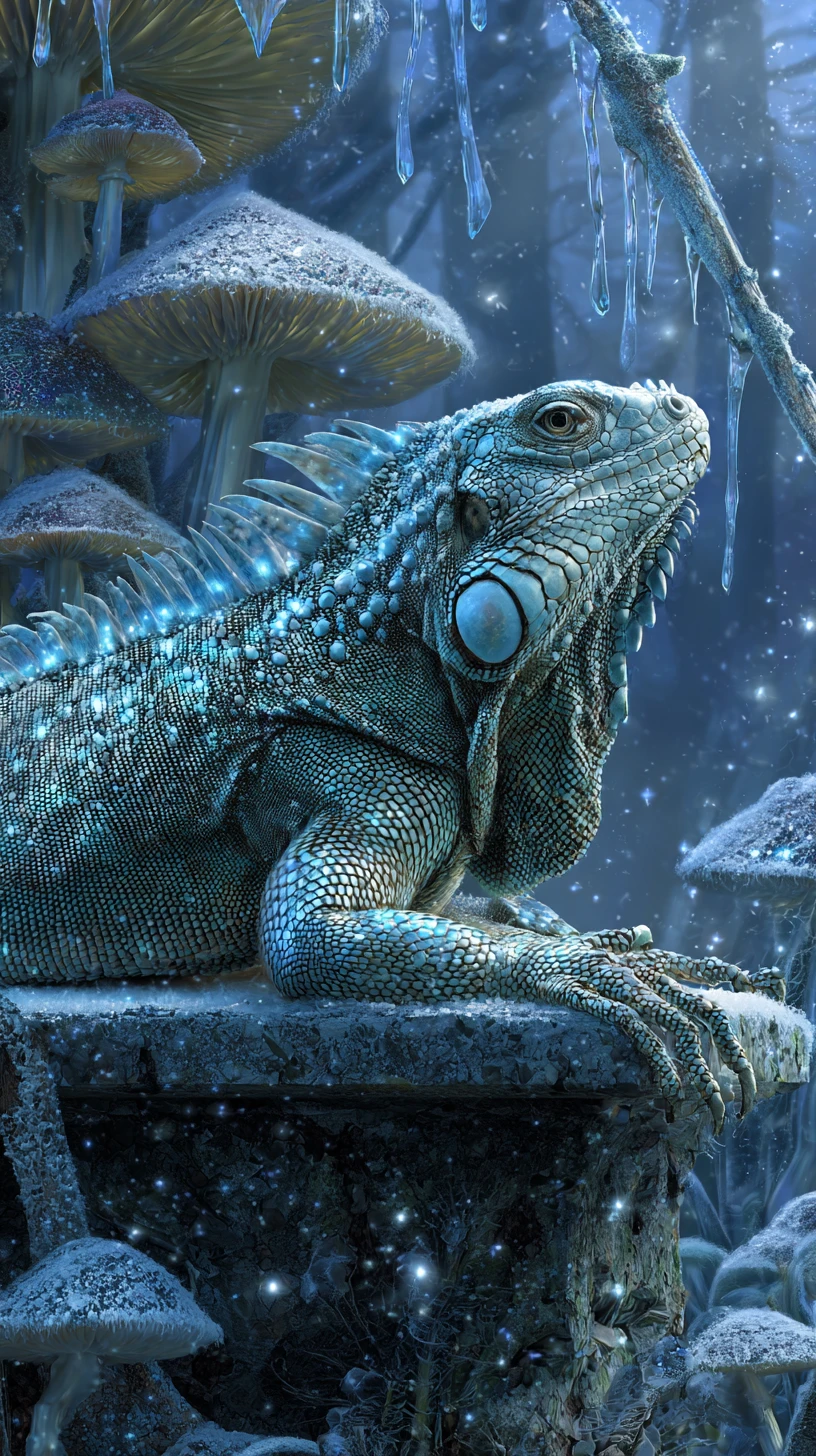 Glowing Iguana On Frosted Altar In Mystic Winter Forest