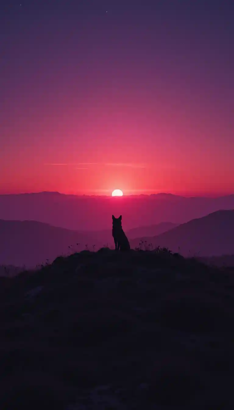 Silhueta de raposa contra um horizonte roxo ao entardecer
