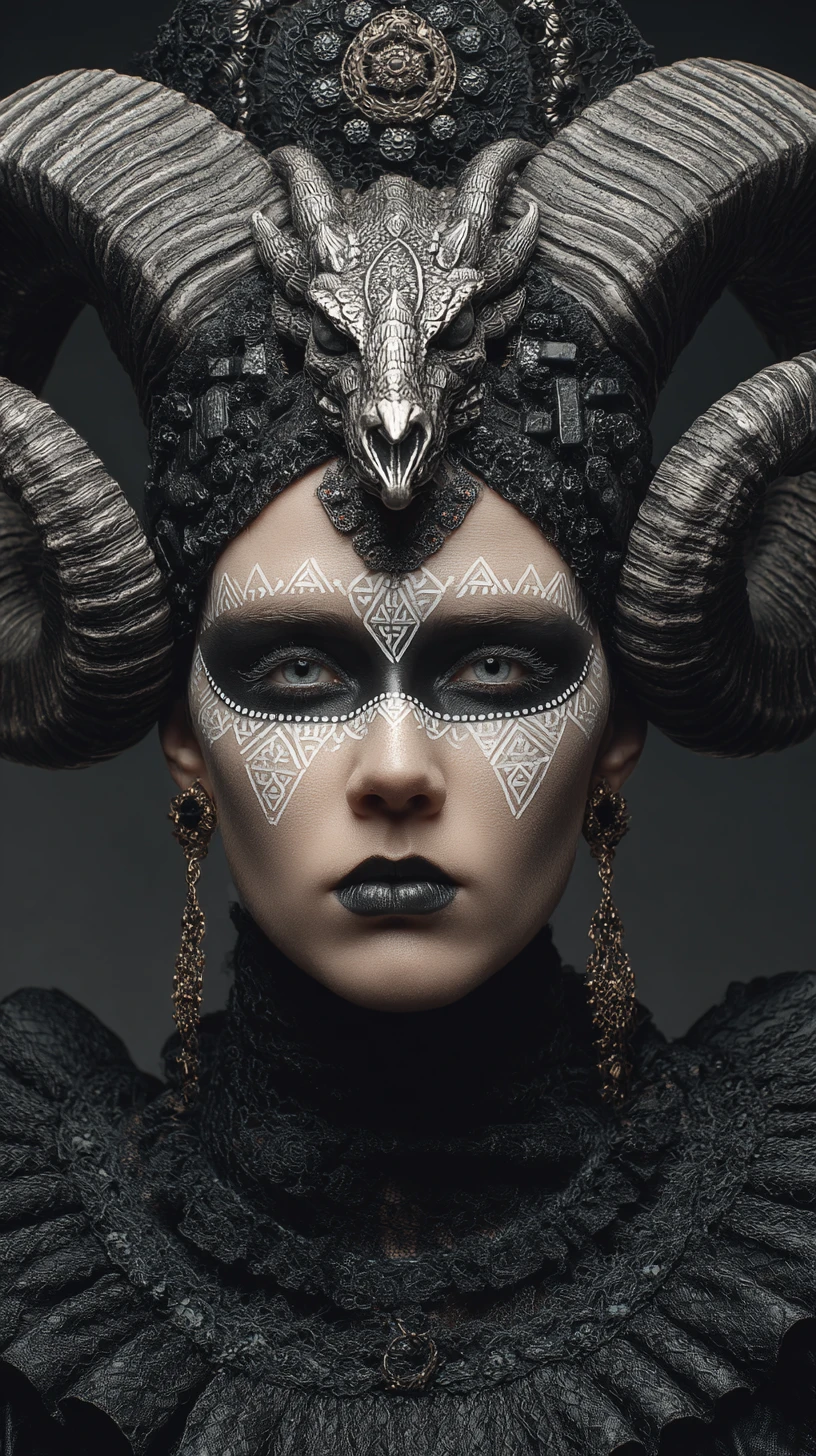 Rainha demoníaca em trono barroco ornamentado em retrato de fantasia sombria