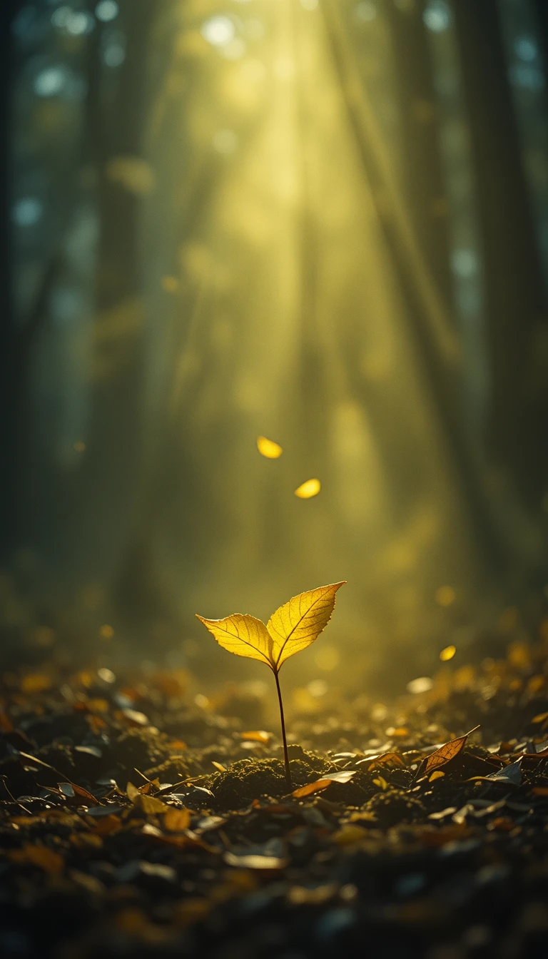 Falling yellow leaf glowing softly in cinematic light