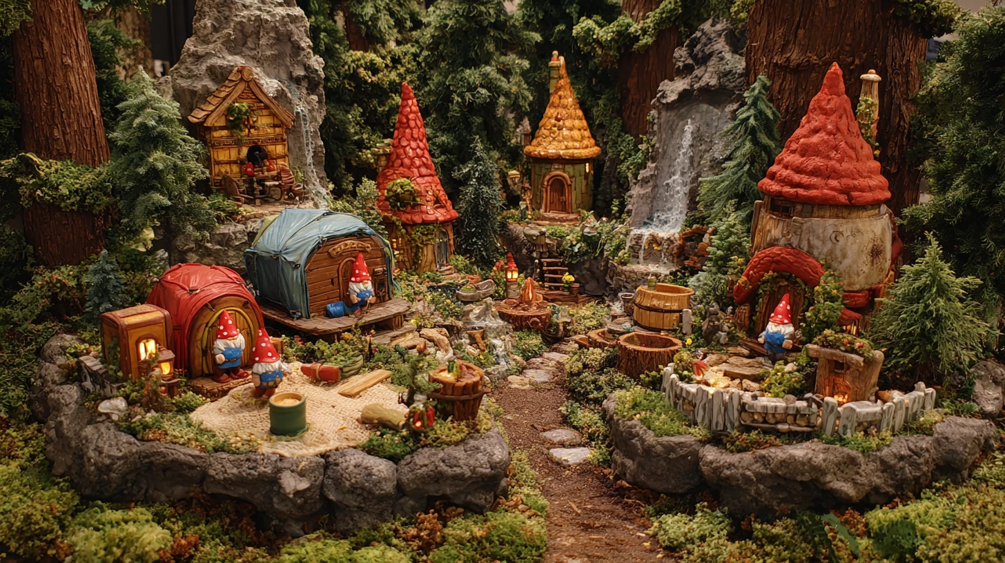 Village de gnomes fantaisiste construit avec du matériel de camping dans une forêt profonde