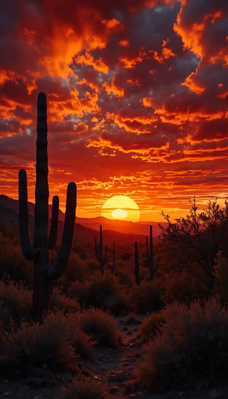 Fiery desert sunset with cacti in bold silhouette