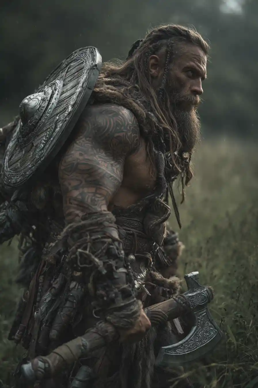Dwarf barbarian sneaking through tall grass by a river