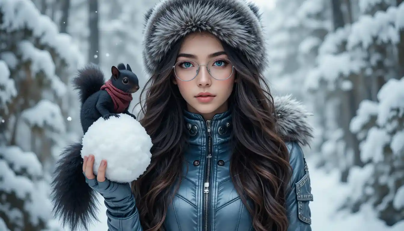 Jeune femme tenant une énorme boule de neige dans une forêt en hiver