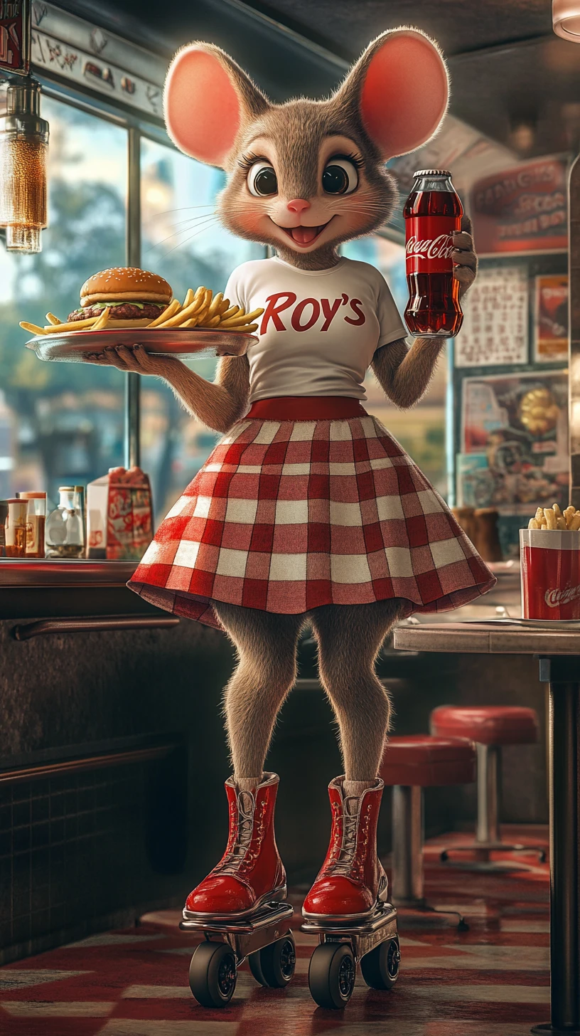 Cheerful Mouse Waitress On Roller Skates In Retro Diner