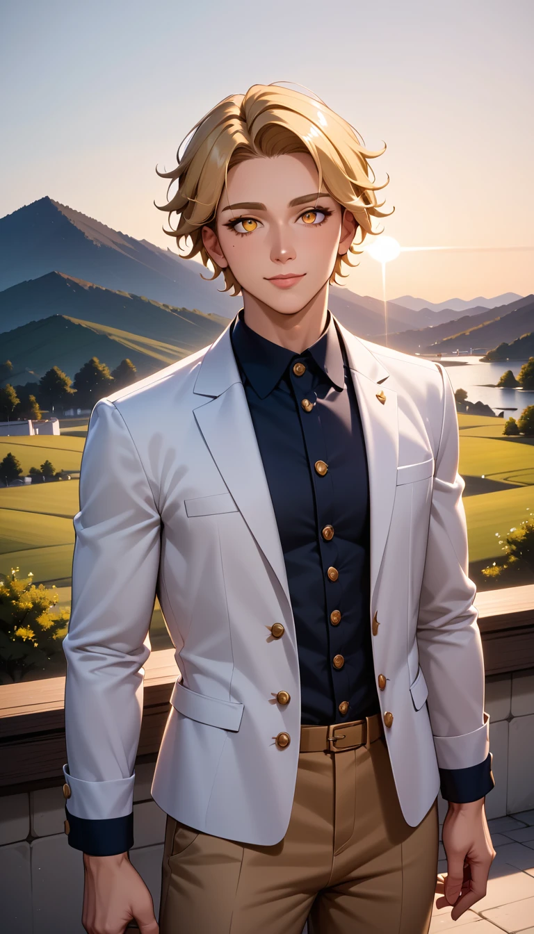 Homem musculoso em estilo anime em retrato de moda ao ar livre ao nascer do sol
