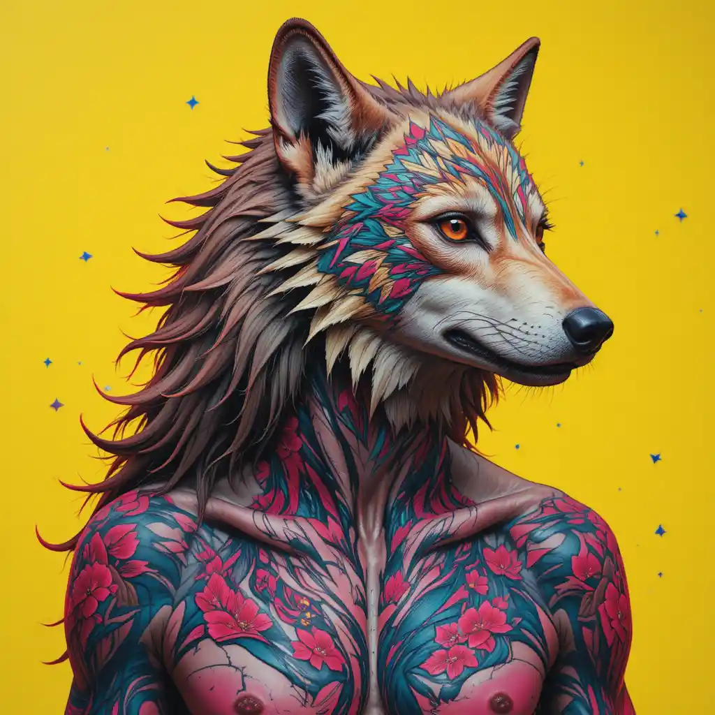Tätowiertes Wolfsporträt in lebendigen Neo-Punk-Wüstenfarben