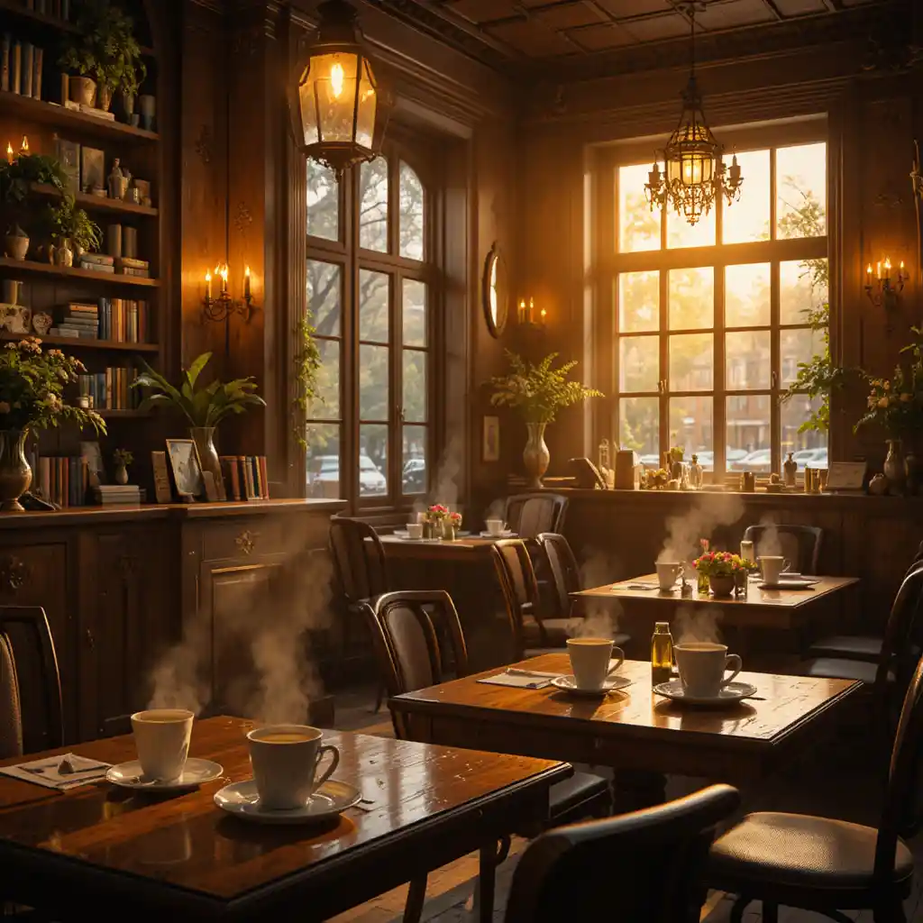 Gemütliches Café-Interieur mit warmem Fensterlicht