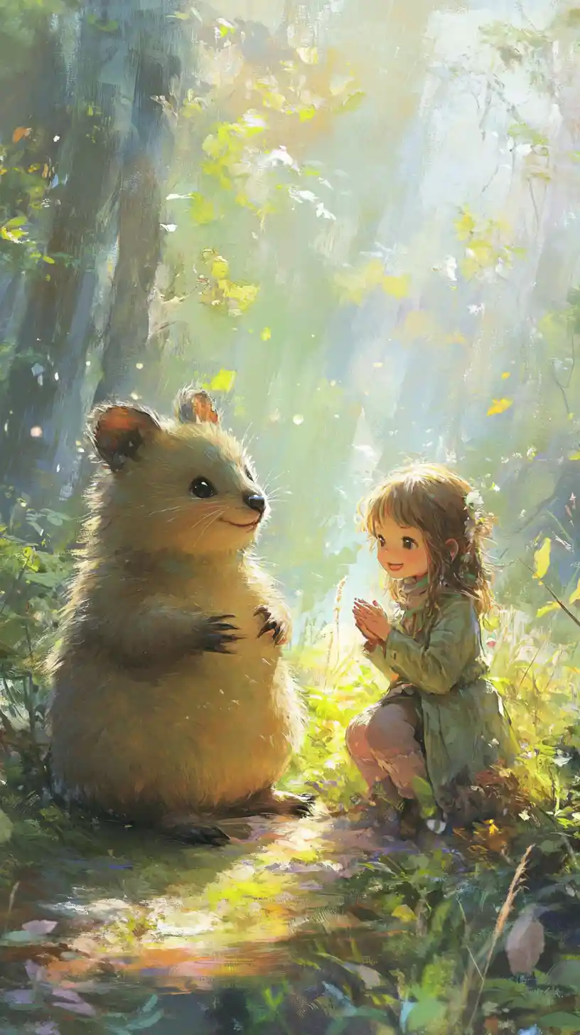 Ragazza con quokka amichevole in paesaggio fantasy dai toni pastello