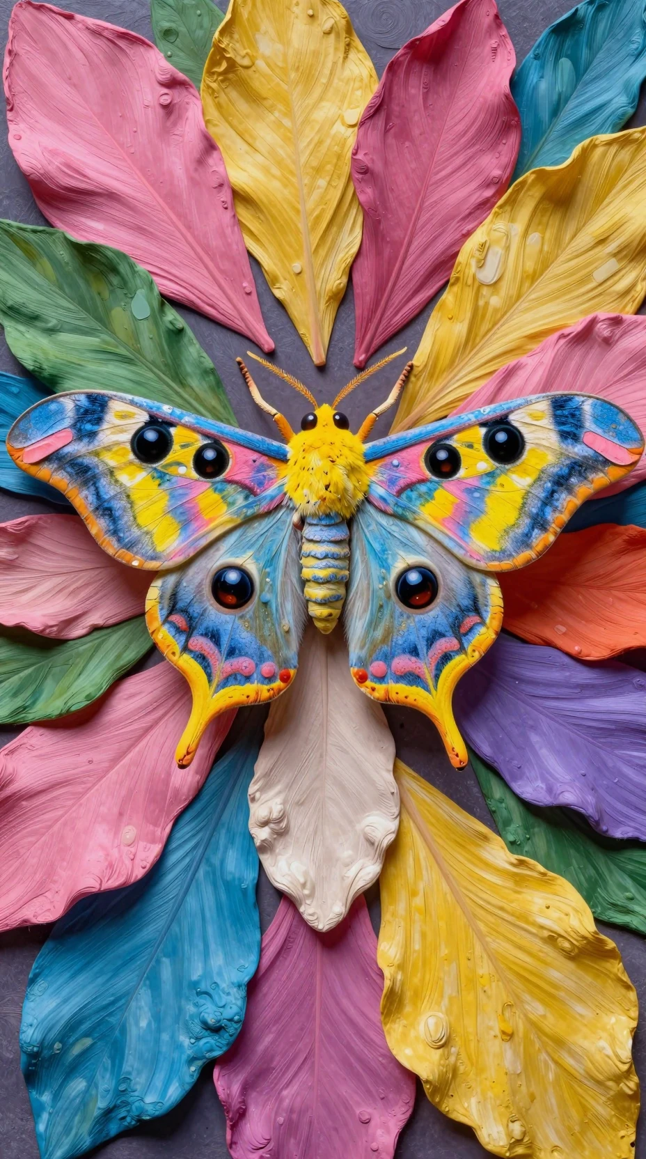 Mariposa colorida em fundo floral surreal e caleidoscópico