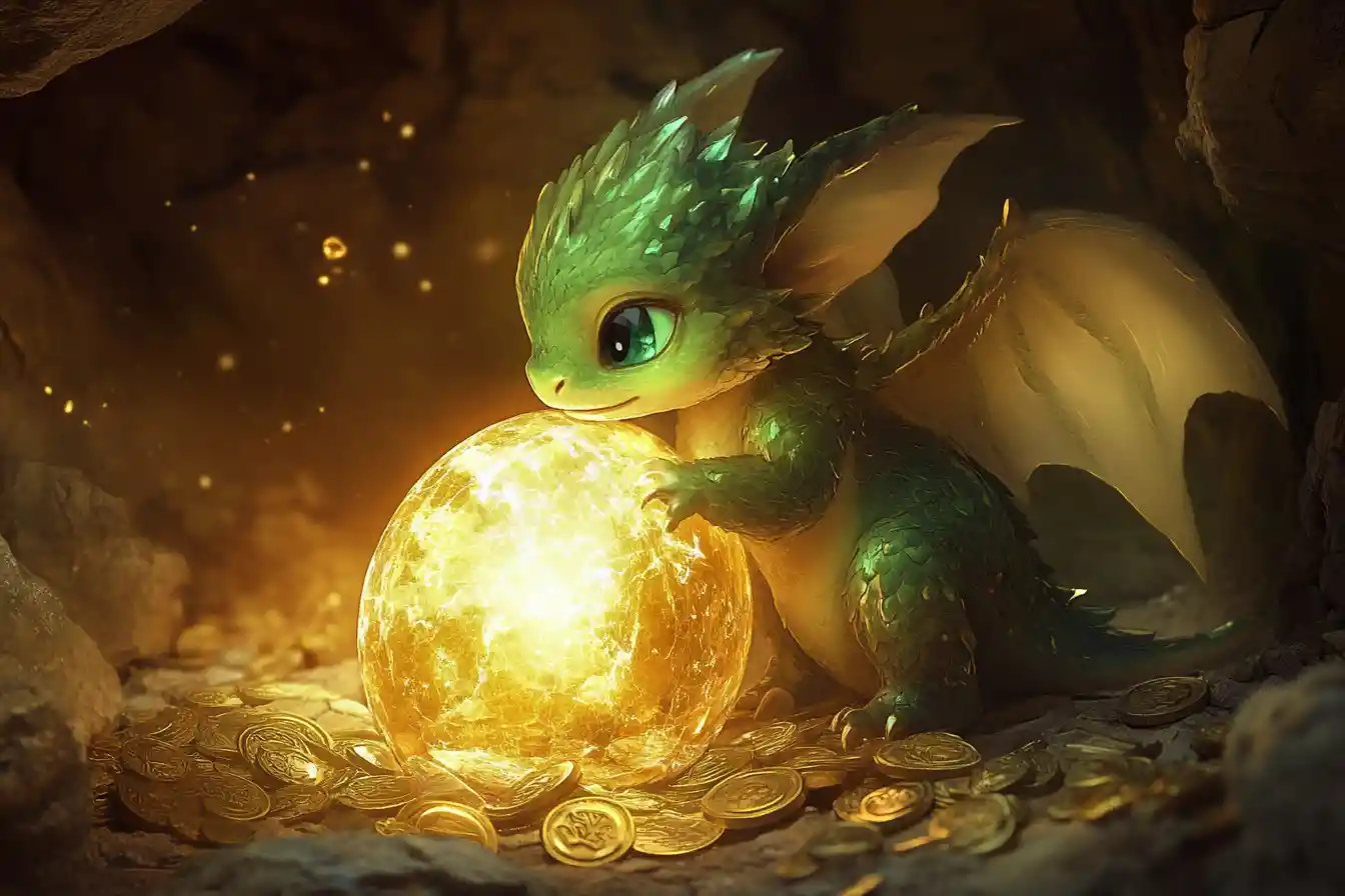 Baby Dragon Curled Around Glowing Gem Egg In Cave