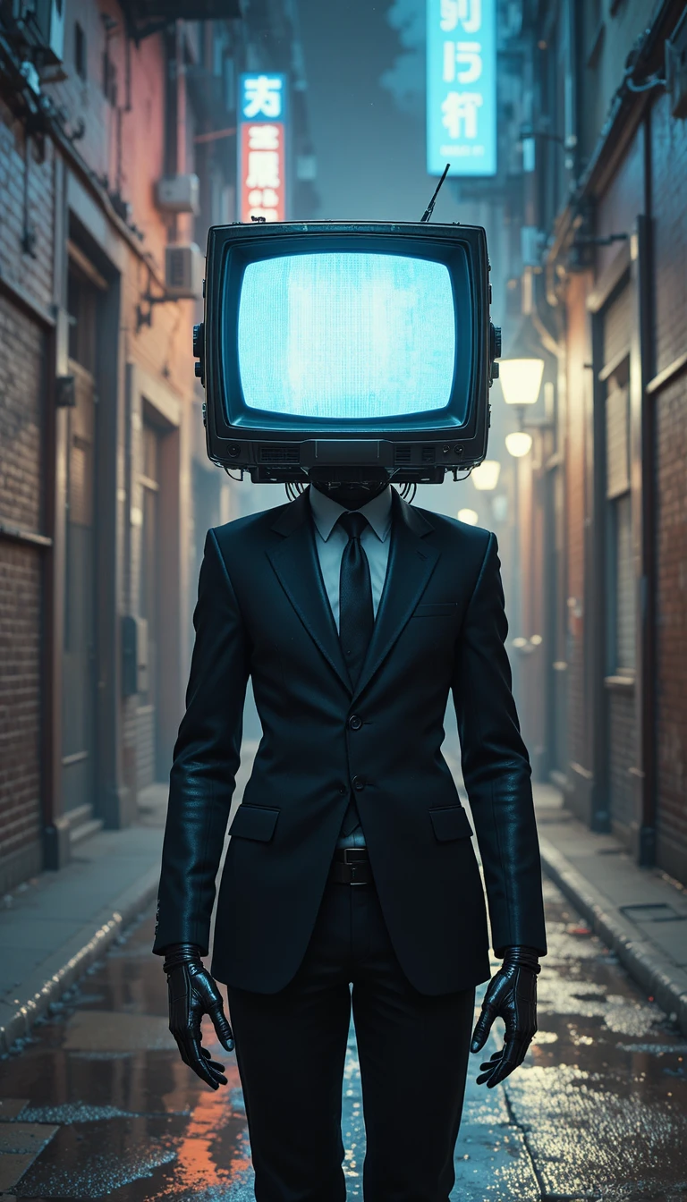 Robô humanóide de terno com cabeça de TV CRT à noite