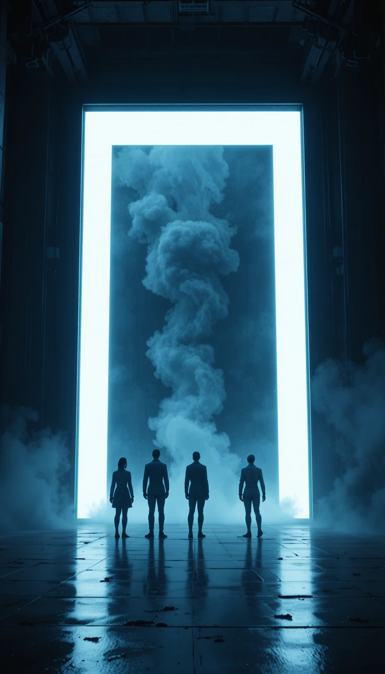 Duas figuras e robôs diante de um imenso portal luminoso