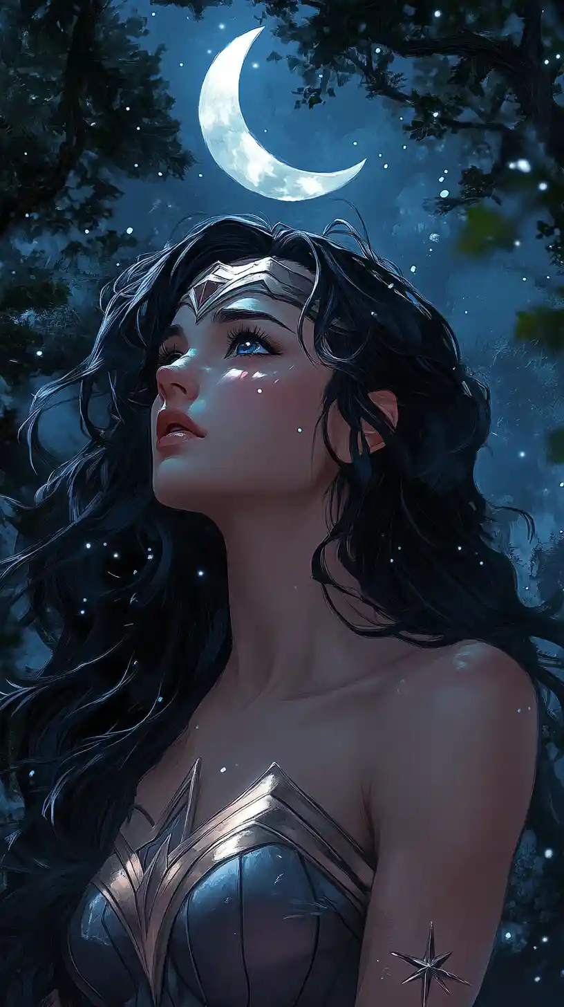 Anime woman under crescent moon in misty forest