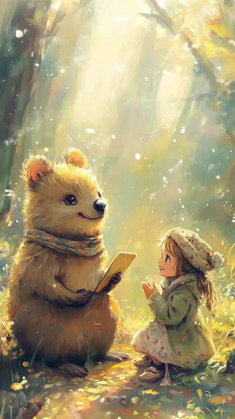 Mädchen und Quokka in einer friedlichen pastellfarbenen Fantasielandschaft