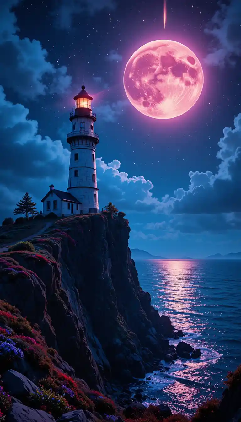 Lighthouse On A Moonlit Cliff Above A Calm Sea