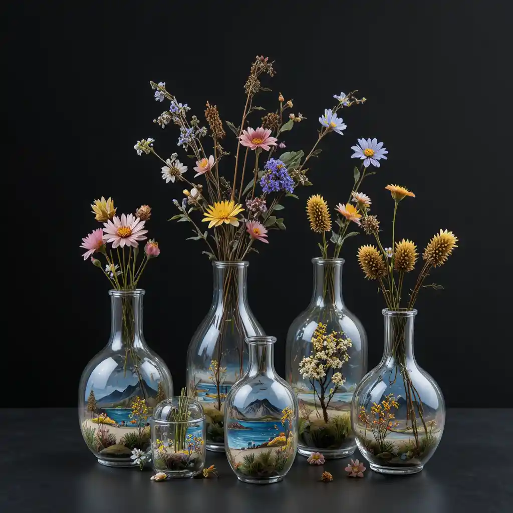 Vasi di vetro con paesaggi e fiori dipinti su sfondo scuro