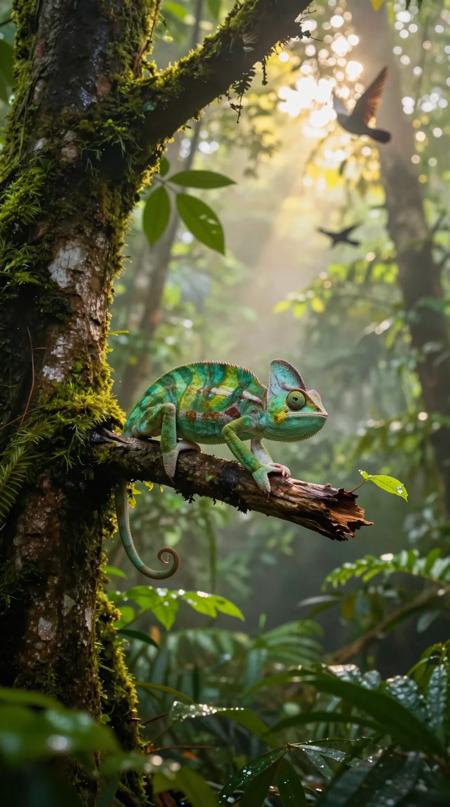 Camaleón verde descansando en una rama en una selva lluviosa con niebla