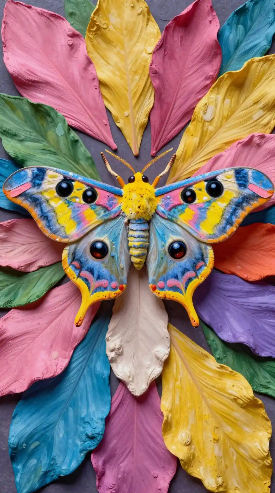 Mariposa colorida em fundo floral surreal e caleidoscópico