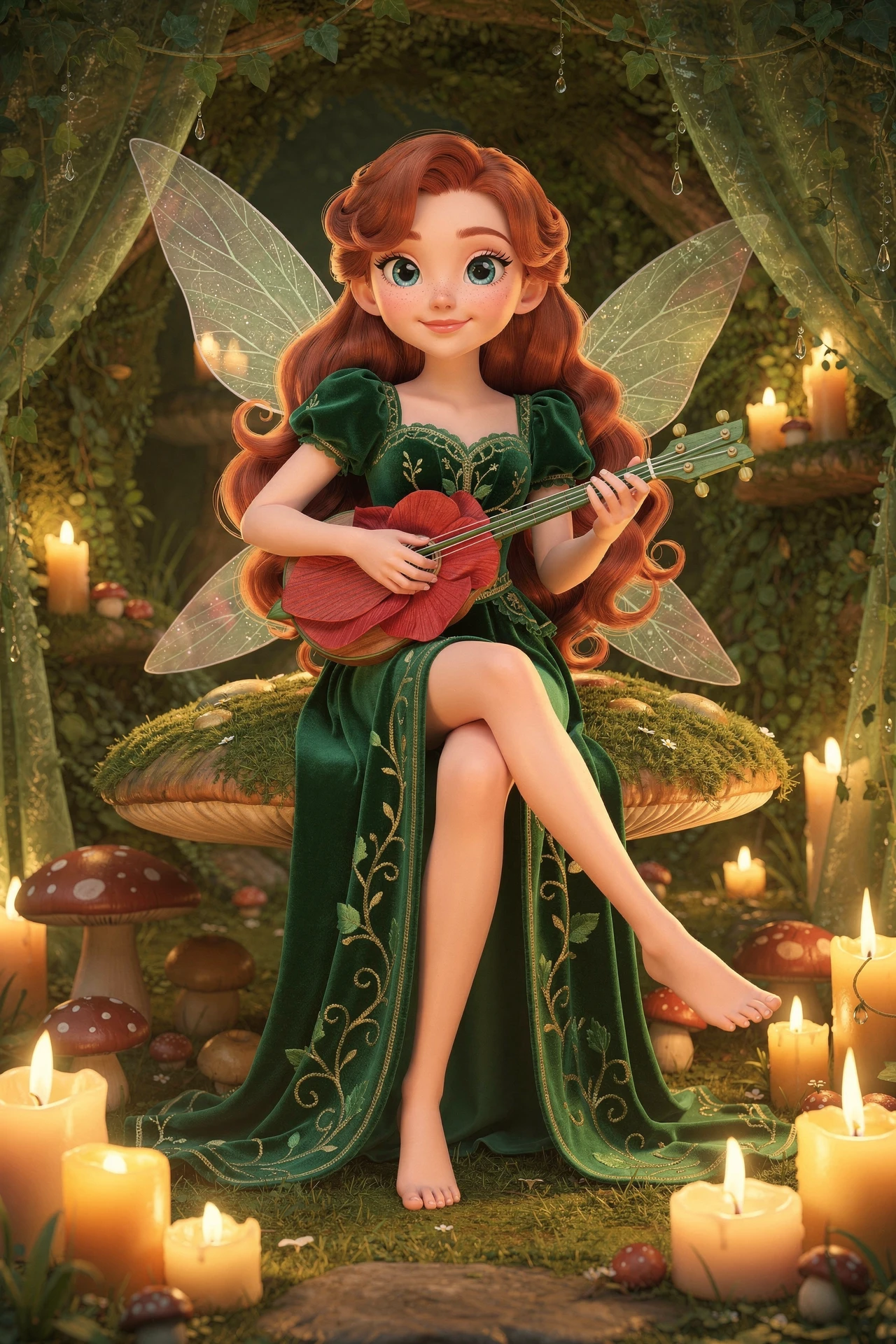Fairy minstrel on a mossy toadstool in candlelit hollow