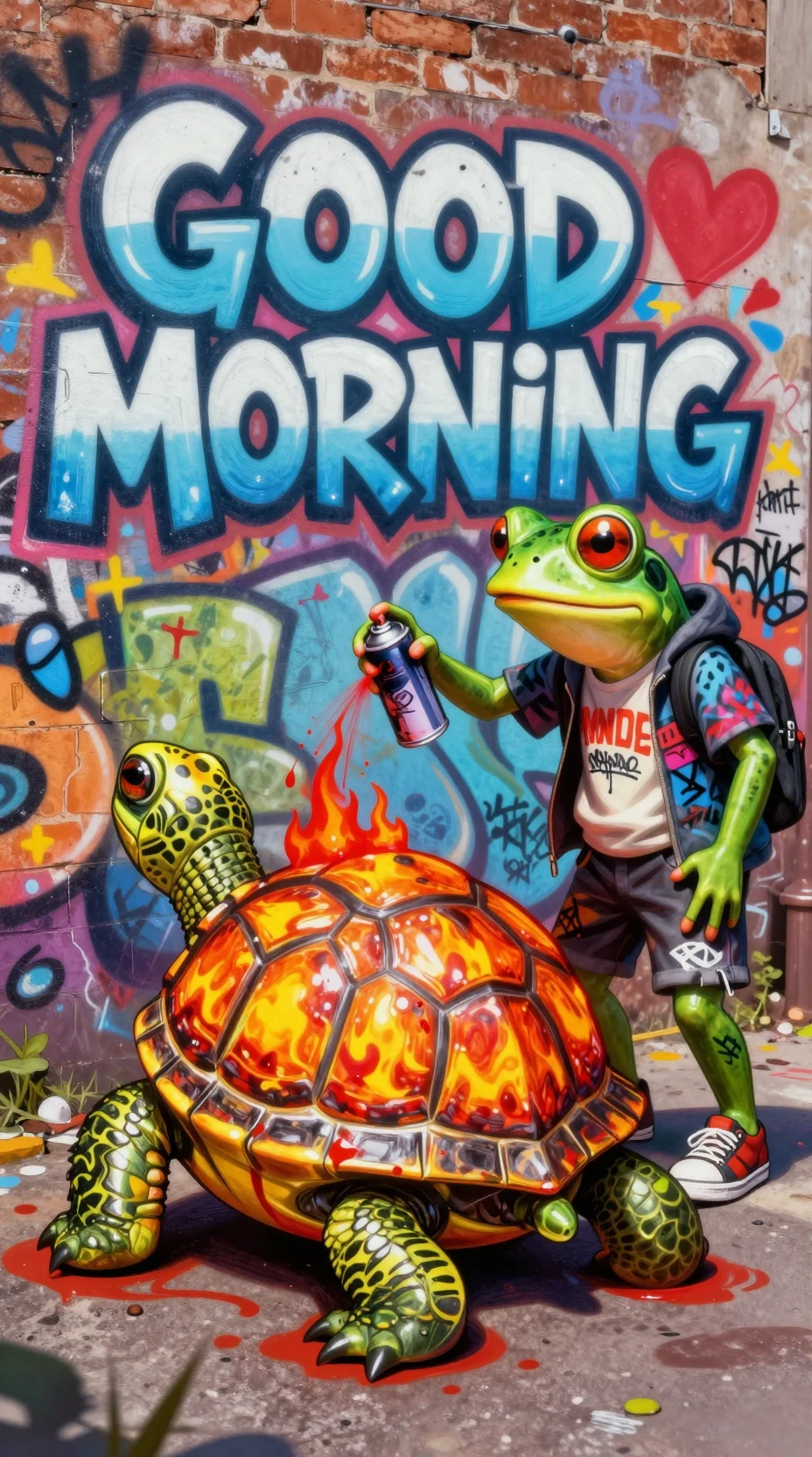 Graffiti-Schildkröte und Frosch erschaffen Streetart im Tageslicht